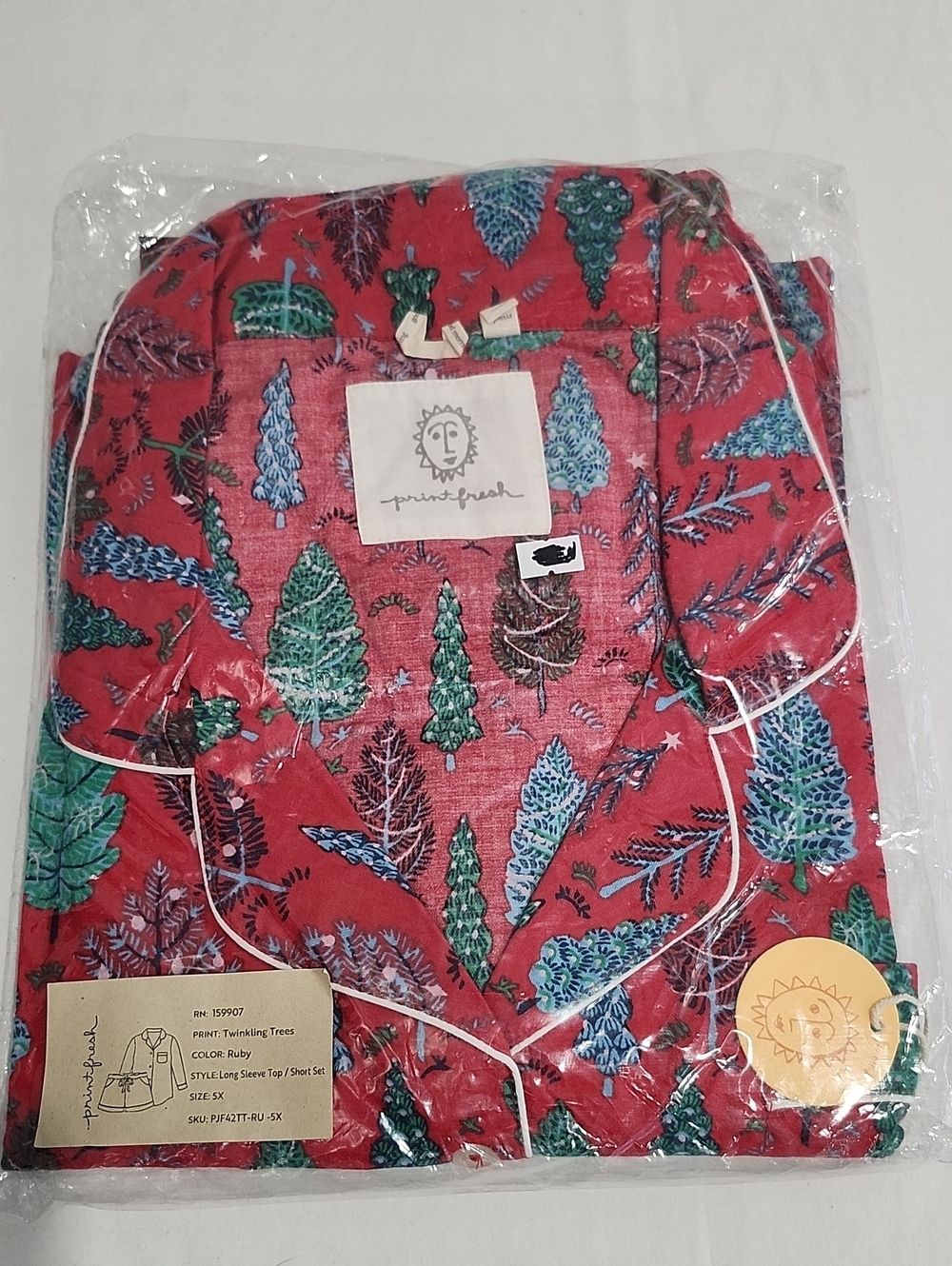 Printfresh Red Twinkling Trees Pajama Set Long Top Shorts Womens Sz 5X NWT